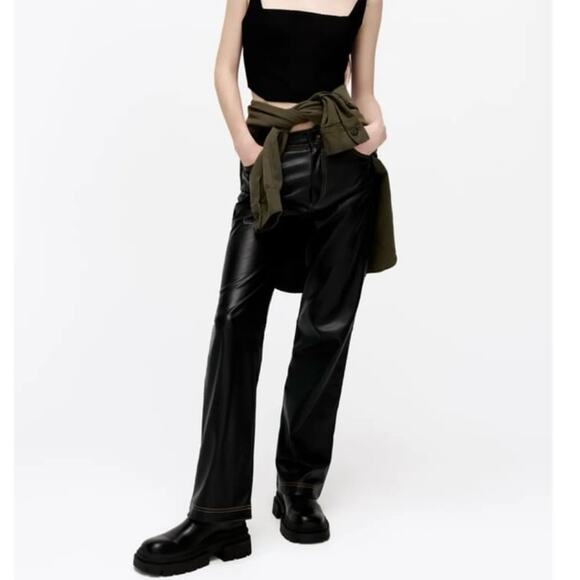 Zara Pants - Zara Black Faux Leather Straight Leg Contrast Stitch Pants size XS